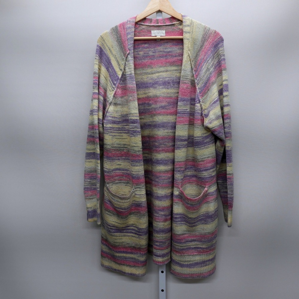 Lucky Brand Womens XL Space Dye Open Front Longline Cardigan Sweater Pink Purple